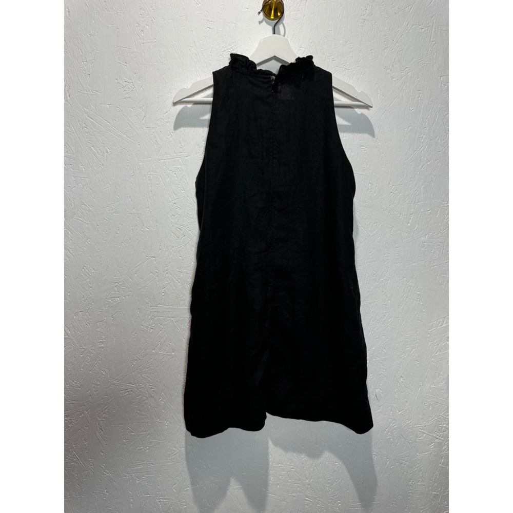 L'Academie Black 100% Linen Ruffle V-Neck Mini Dress Sleeveless Small - Picture 4 of 6